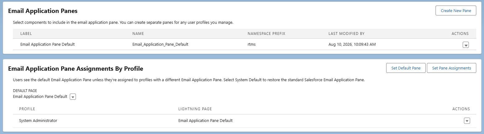 Email application pane settings and profile assignments for user management in Salesforce.